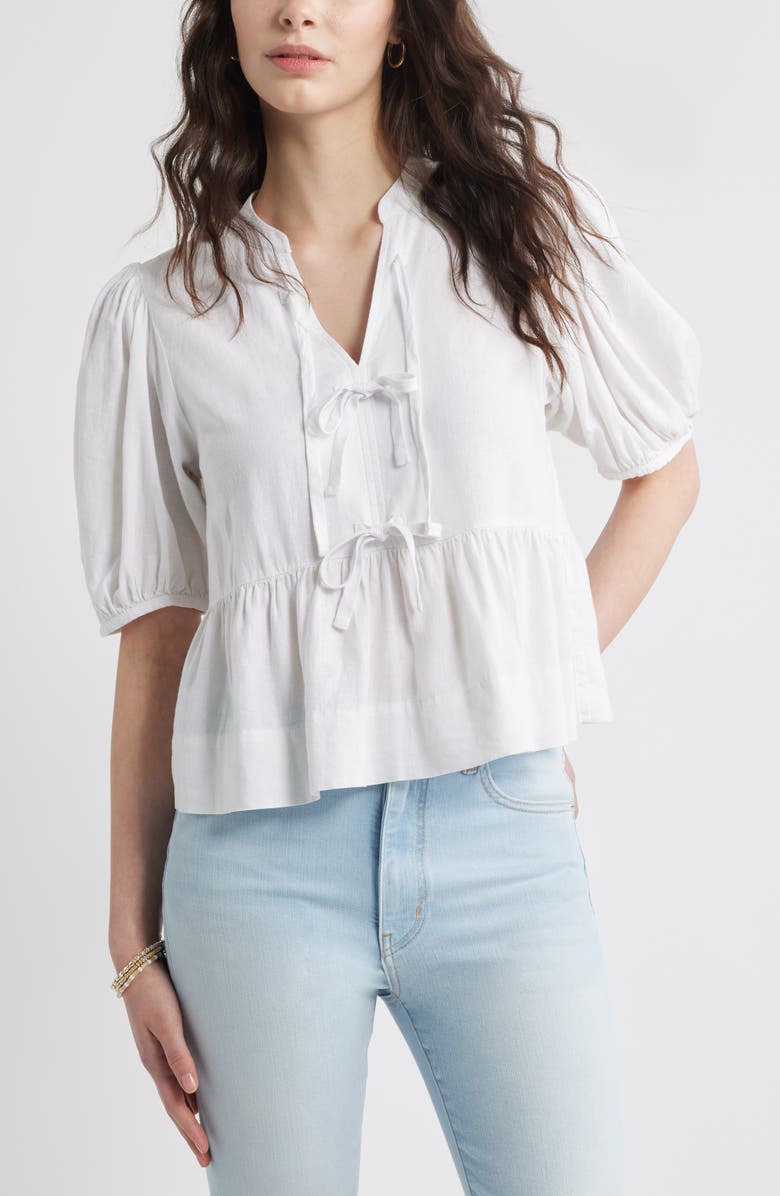 Linen Blend Tie Front Peplum Top