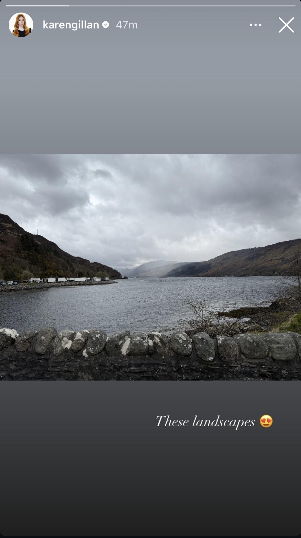 Karen Gillan's instagram stories of the landscapes of Scottland while filming Highlander.