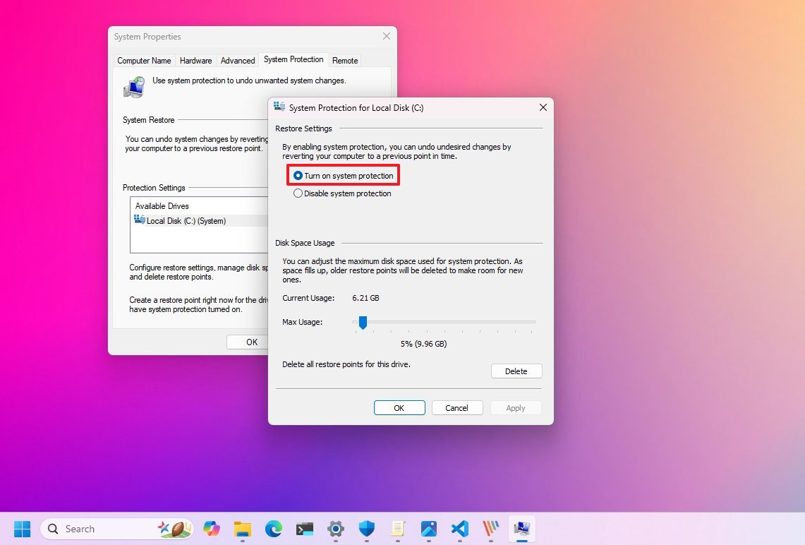 System Protection enabled on Windows 11