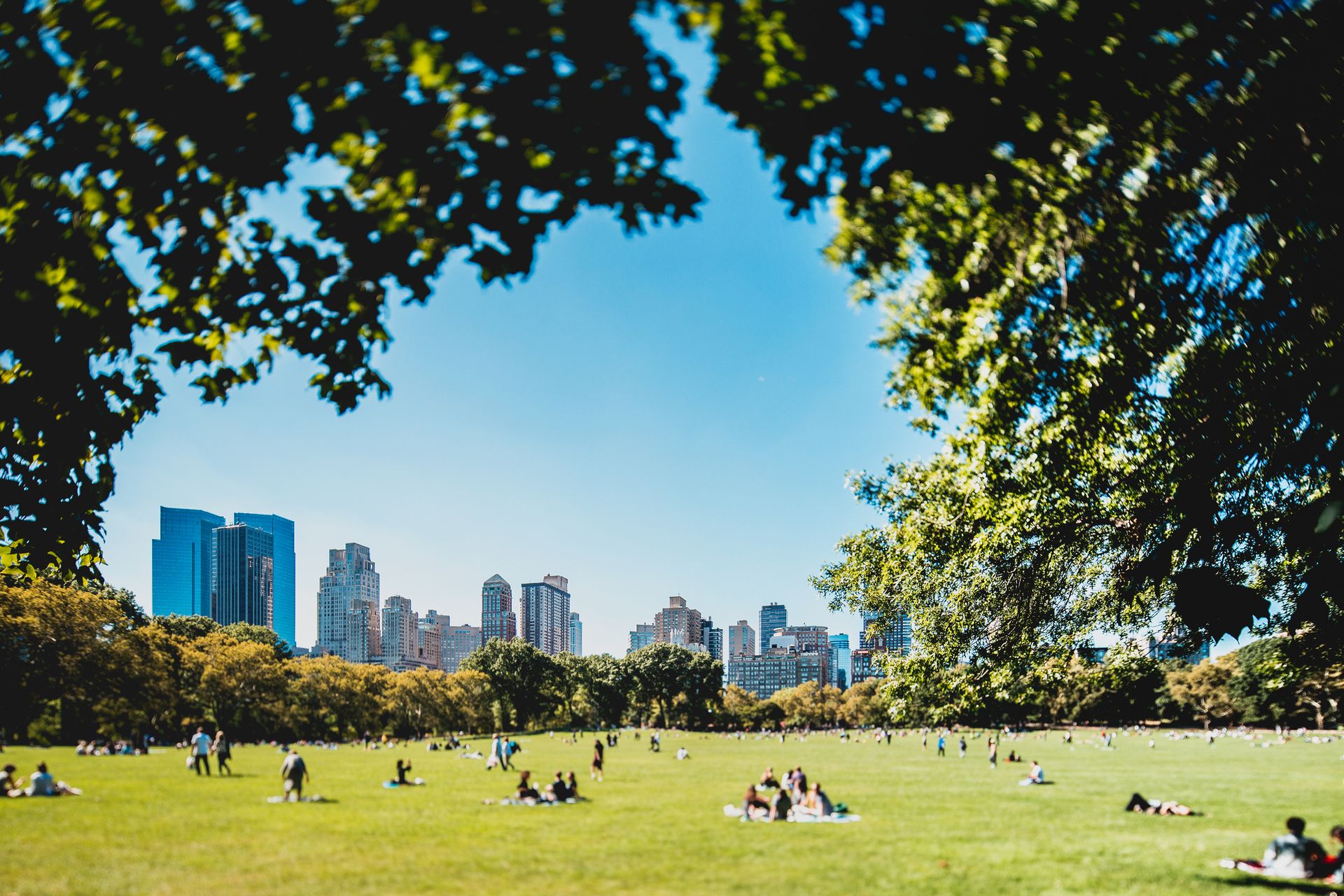 People enjoying a beautiful day on the Central Park Sheep Meadow.