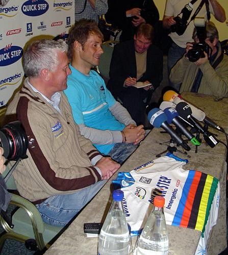 Lefevere and Boonen have a laugh at one of the questions