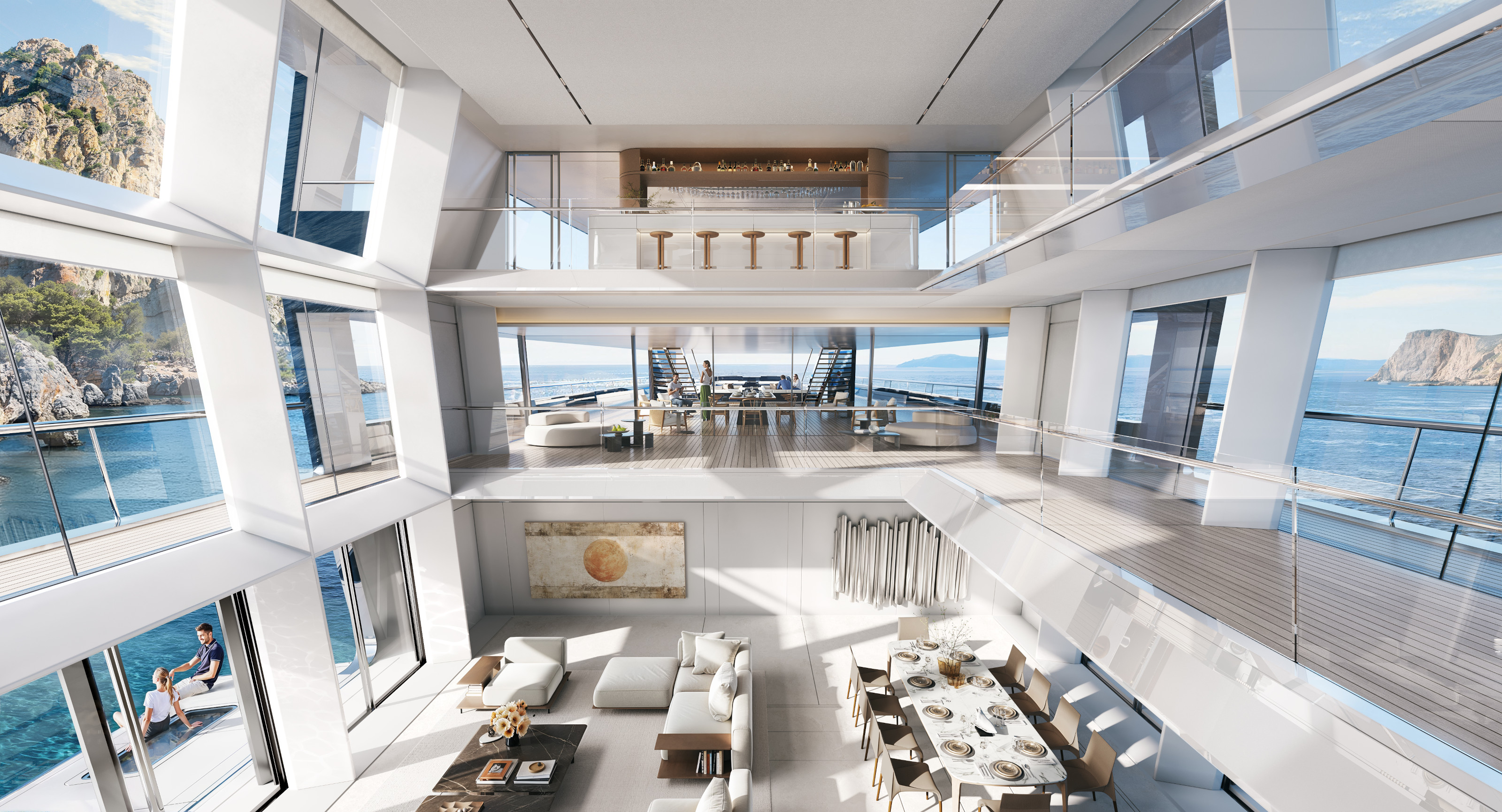 The triple-height interior volume of the Outlier I yacht concept