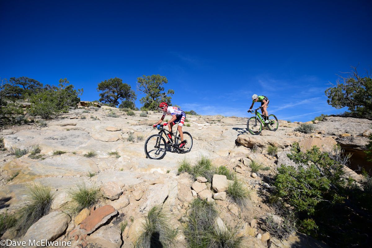 Todd Wells (Specialized) leading Alex Grant (Ridebiker) after the first climb of the day