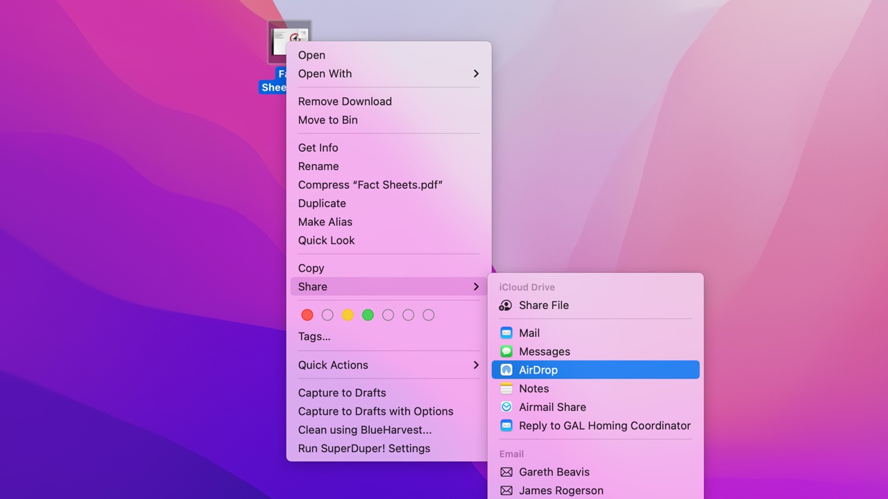 Screen shot showing macOS share menu with Airdrop selected