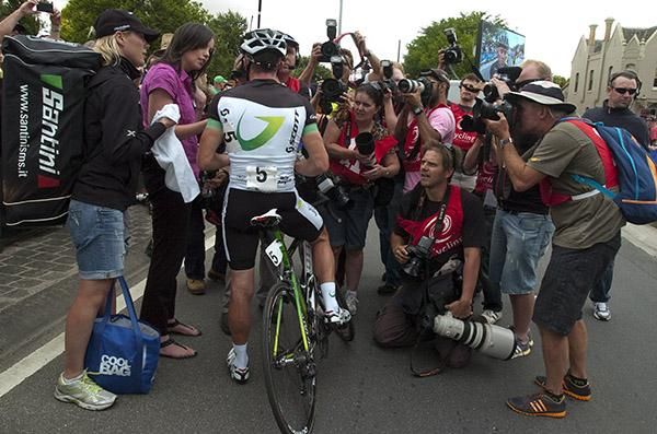 Race winner Simon Gerrans awaits TV commitments and photographer's flashes in Buninyong.