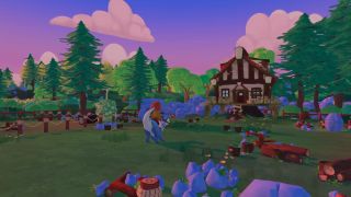The player character riding a light blue colored dinosaur named Lucky as they approach a dilapidated ranch.