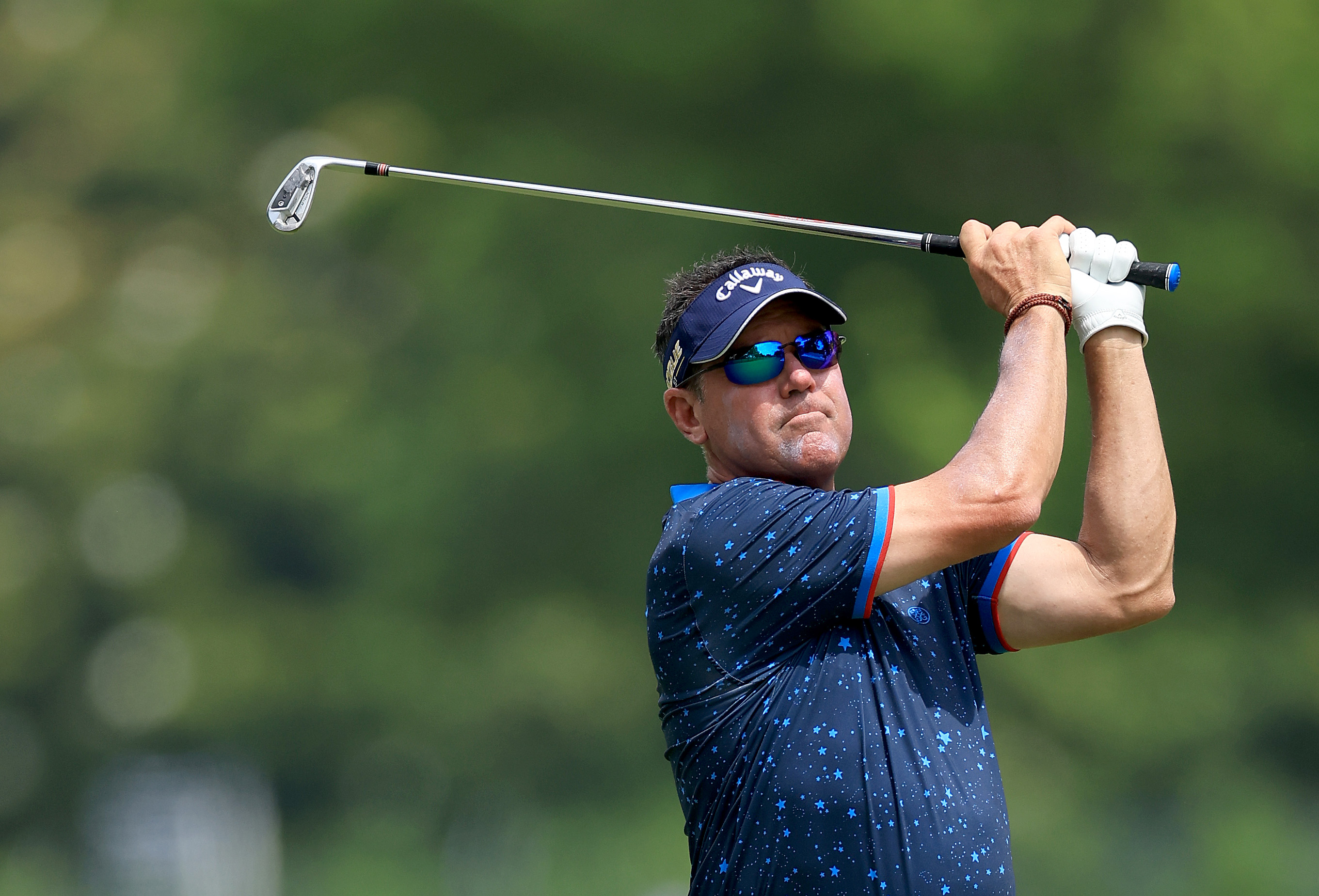 Rich Beem plays his second shot on the 15th hole during the second round of the 2022 PGA Championship