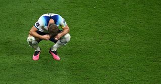 England&#039;s forward #09 Harry Kane reacts to his team&#039;s defeat in the Qatar 2022 World Cup quarter-final football match between England and France at the Al-Bayt Stadium in Al Khor, north of Doha, on December 10, 2022.