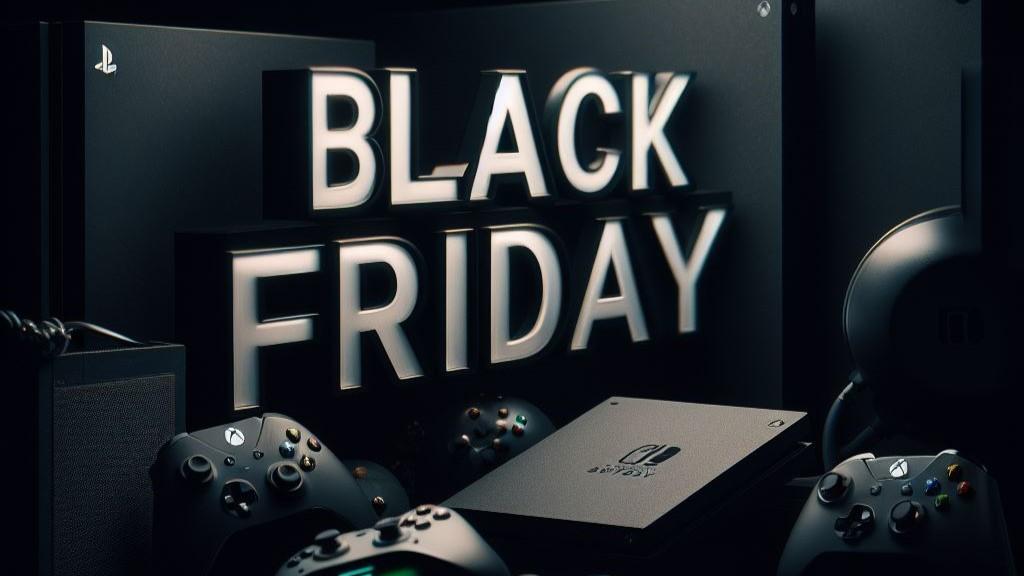  Black Friday sign on a black background with a PS5, Xbox Series X, and, Nintendo Switch in the foreground (landscape, HD, 16:9) 