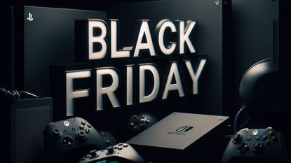 Black Friday sign on a black background with a PS5, Xbox Series X, and, Nintendo Switch in the foreground (landscape, HD, 16:9)