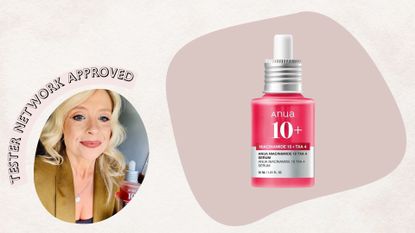 Anua Niacinamide 10+ TXA 4 bottle next to image of tester holding it with badge reading 'tester network approved'