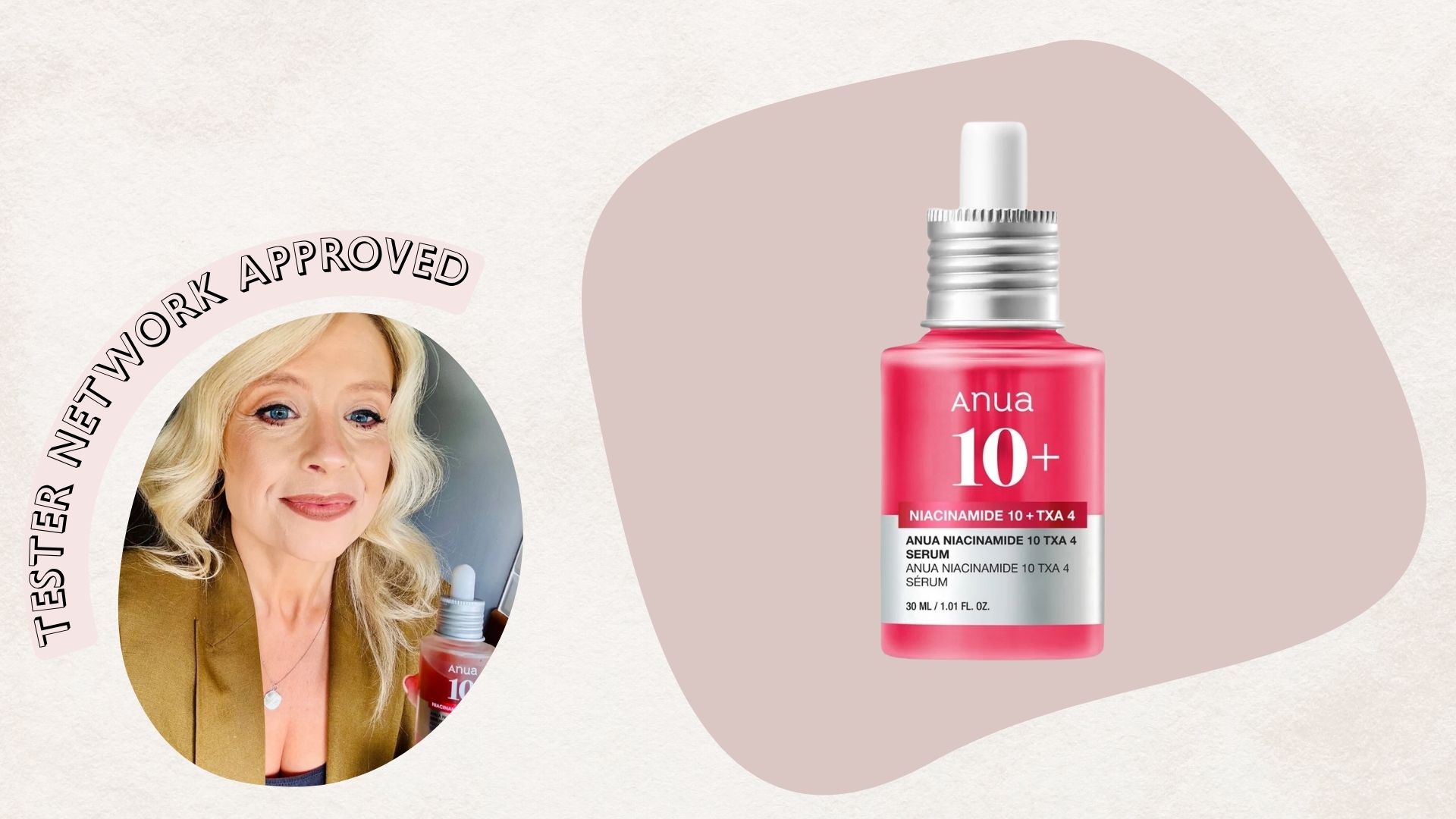 Anua Niacinamide 10+ TXA 4 bottle next to image of tester holding it with badge reading 'tester network approved'