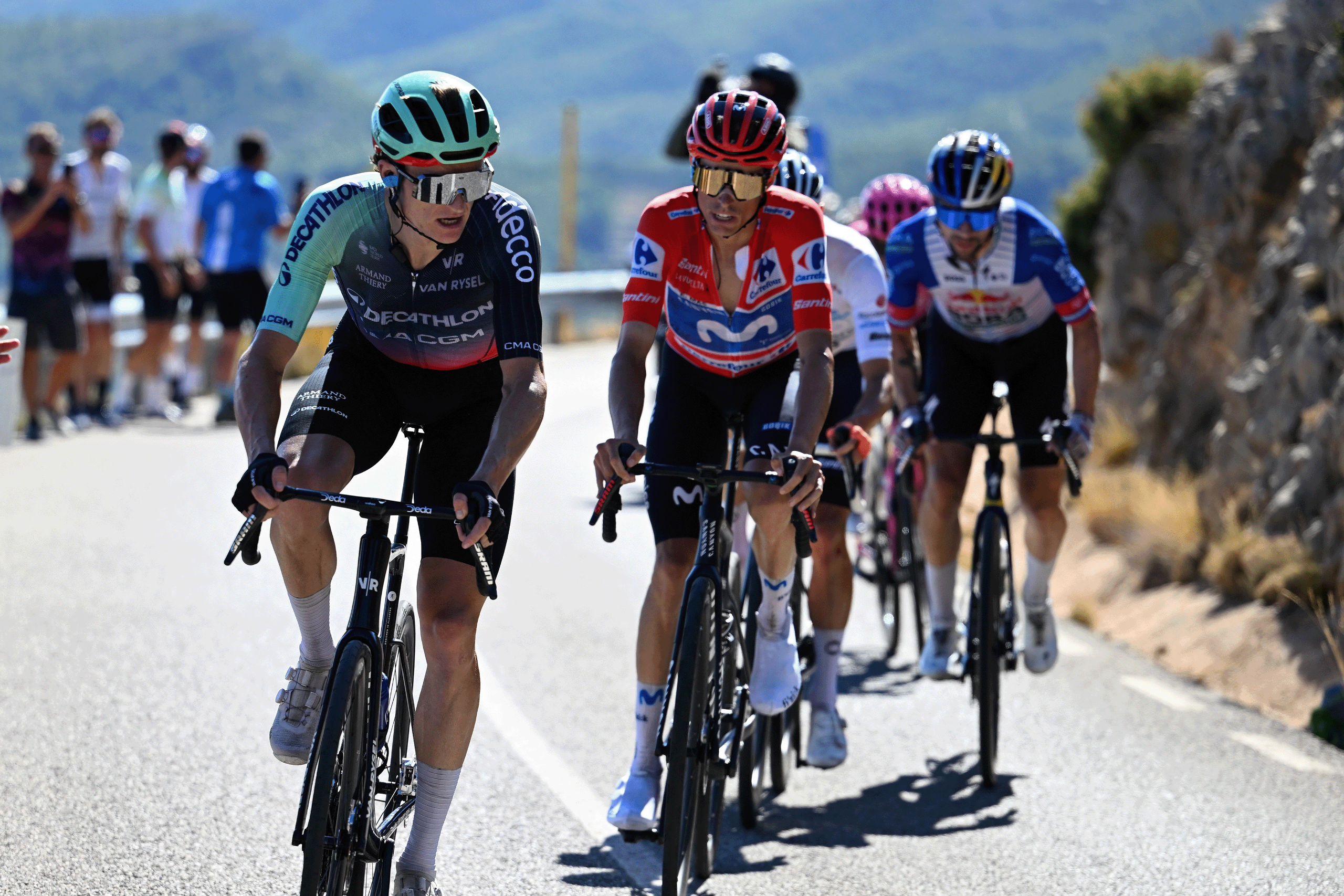 Felix Gall of Austria and Team Decathlon CMA CGM and Enric Mas of Spain and Movistar Team - Red Leader Jersey celebrates at podium as stage winner during the La Vuelta - 81st Tour of Spain 2026, Stage 9 a 187.4km stage from Villajoyosa to Alto de Aitana 1544m / #UCIWT / on August 30, 2026 in Alto de Aitana, Spain. (Photo by Tim de Waele/Getty Images)
