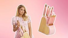 Paris Hilton in a pink dress with a pink knife set and a pink heart-shaped knife set on a pink gradient background