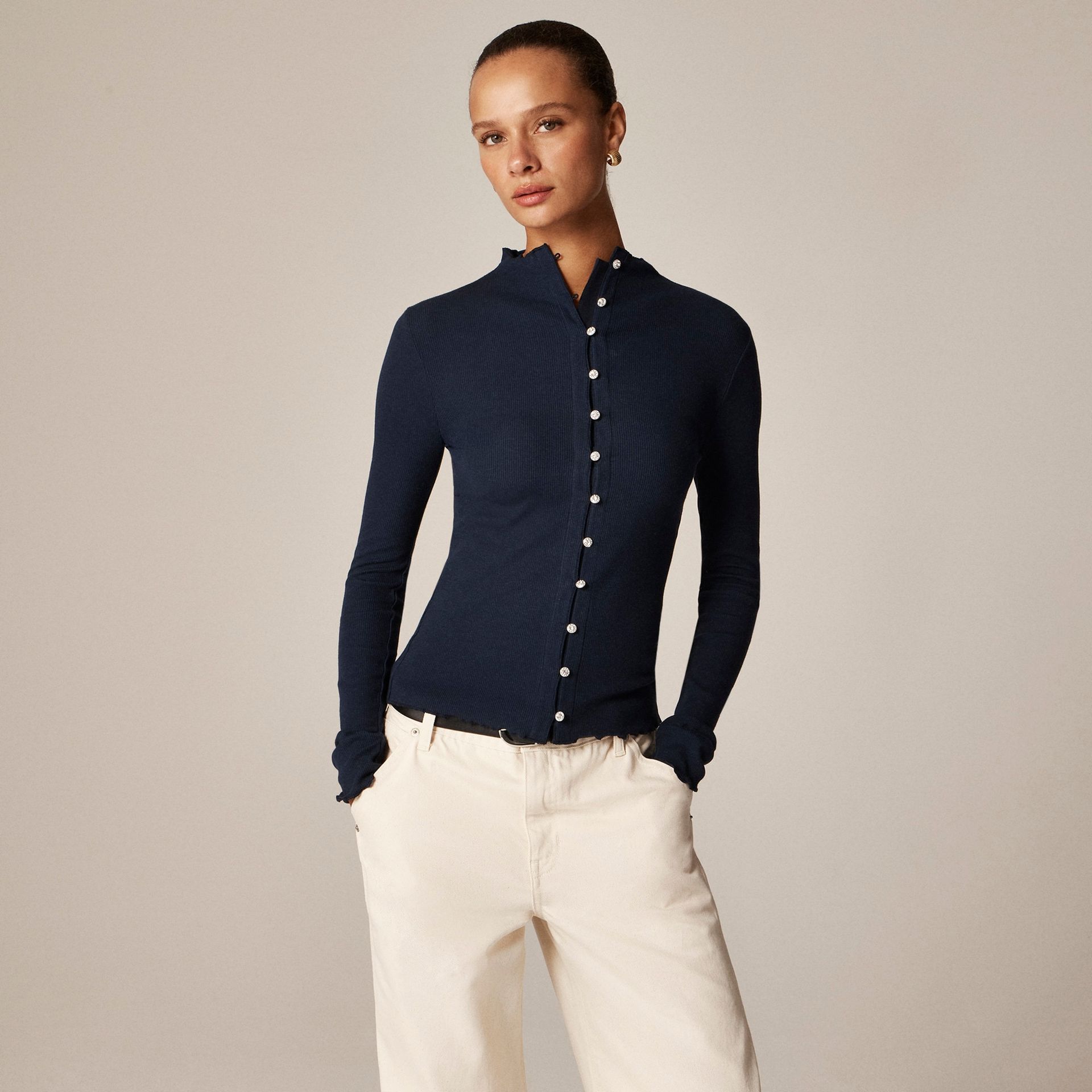 Perfect Rib Cardigan Top With Jewel Buttons