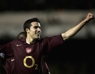 Robin van Persie celebrates after scoring for Arsenal against Sparta Prague in the Champions League in November 2005.