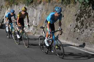 COMO ITALY AUGUST 15 Aleksander Vlasov of Russia and Astana Pro Team George Bennett of New Zealand and Team Jumbo Visma Jakob Fuglsang of Denmark and Astana Pro Team Breakaway during the 114th Il Lombardia 2020 a 231km race from Bergamo to Como ilombardia IlLombardia on August 15 2020 in Como Italy Photo by Tim de WaeleGetty Images