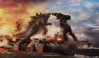 Godzilla and Kong fighting on the aircraft carrier in Godzilla vs. Kong.