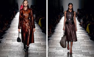 Side by side photos of two female models on a cat walk. Left, the model is wearing a red trench coat with handbag. Right, model is wearing a brown midi dress with black belt.