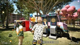 InZOI screenshot showing two Zois hanging out and playing darts at an amusement park