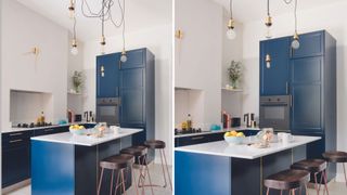 white kitchen with navy blue cabinets with a tall bespoke unit for extra small kitchen storage ideas