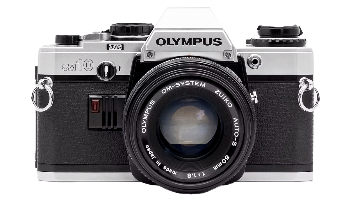 Front view of an Olympus OM-10 camera with a black body, silver accents, and a Zuiko 50mm lens, showcasing classic design features
