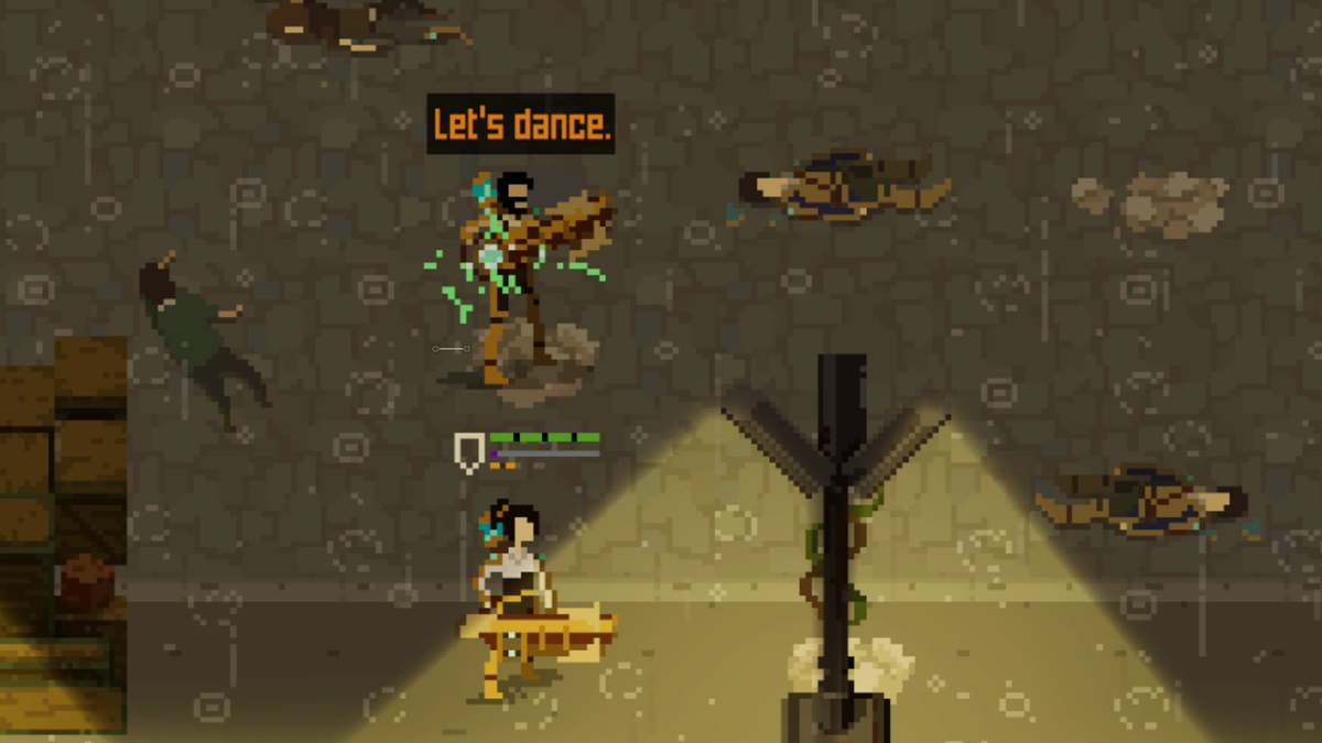Image from videogame Shardpunk Verminfall. Pixelated heroes battle with humanoid rats.