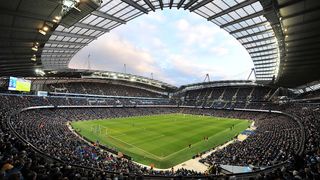 Wide-angle view of the Etihad Stadium, home to Manchester City football team, ahead of the Sunday's Premier League featuring Manchester City vs Wolves.