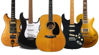 Collection of electric guitars and acoustic guitars