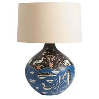 side lamp from Anthropologie with painted base with rive scenes