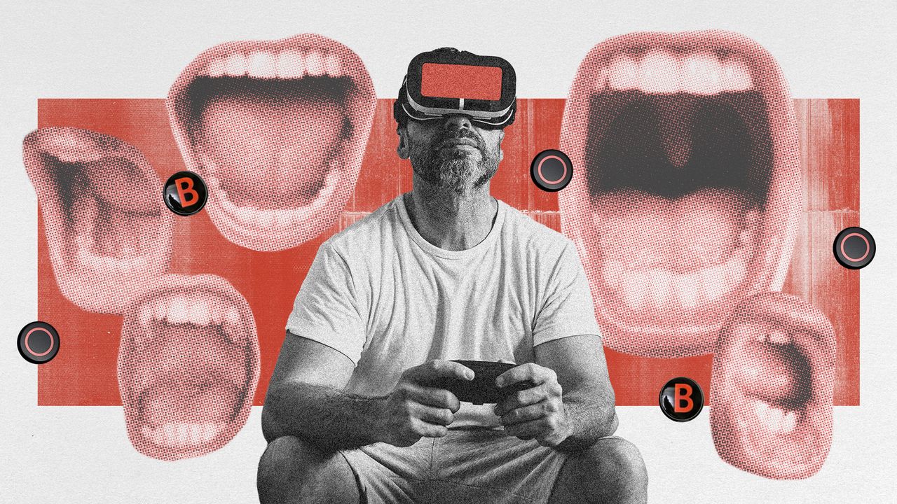 Photo collage of a man with a VR set and a gaming controller. In the background, there is an assortment of angry men&#039;s mouths open and screaming, as well as a scattering of Xbox and Playstation controller buttons.