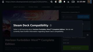 Horizon Forbidden West may or may not work on Steam Deck.