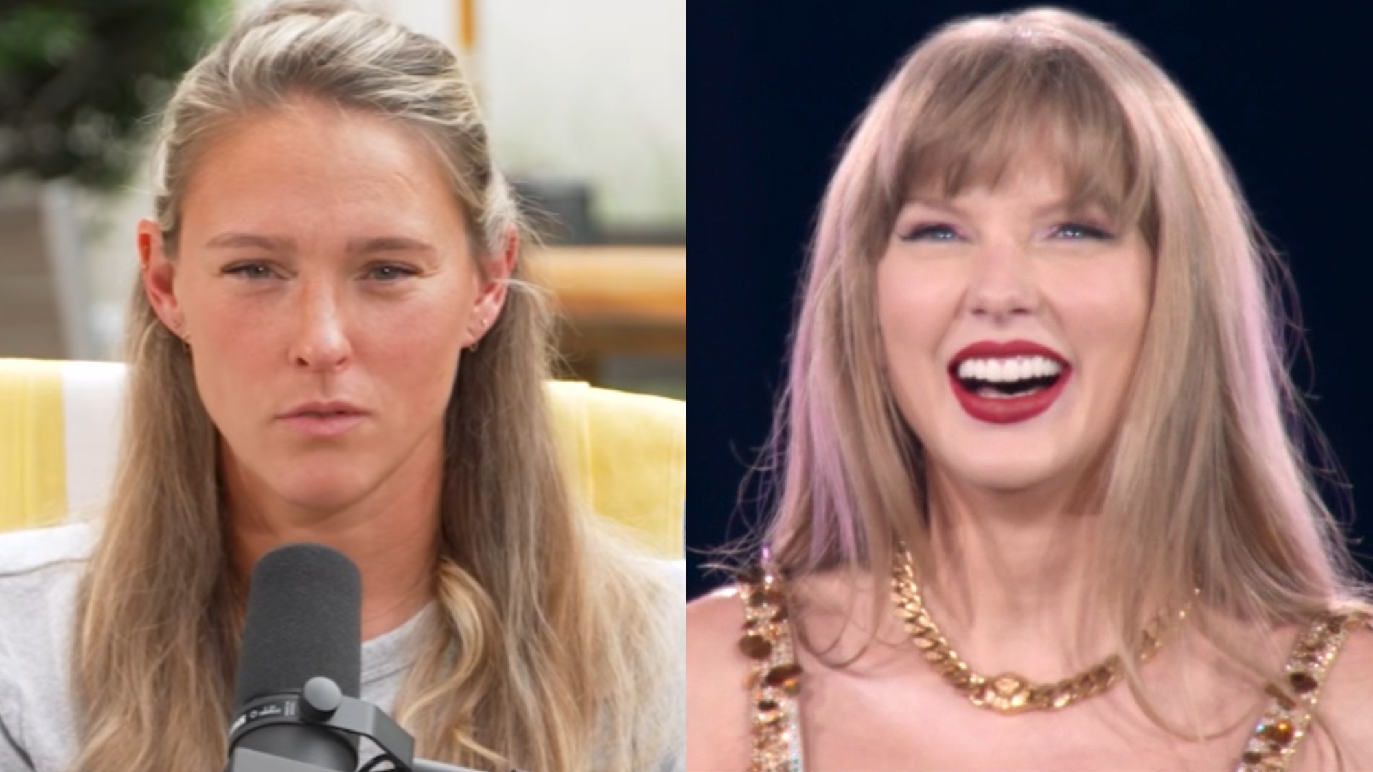 From left to right: Kylie Kelce on Not Gonna Lie and Taylor Swift smiling in the Eras Tour proshot. 