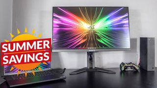 Gigabyte M28U gaming monitor with Summer Savings deal tag superimposed