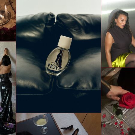 A collage of women wearing black outfits with pops of color and romantic tablescapes, with Noyz's Loose Ends perfume at the center.