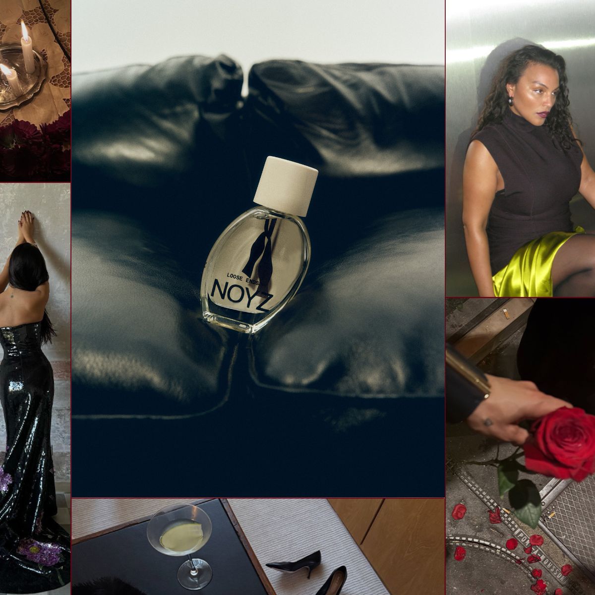 A collage of women wearing black outfits with pops of color and romantic tablescapes, with Noyz's Loose Ends perfume at the center.