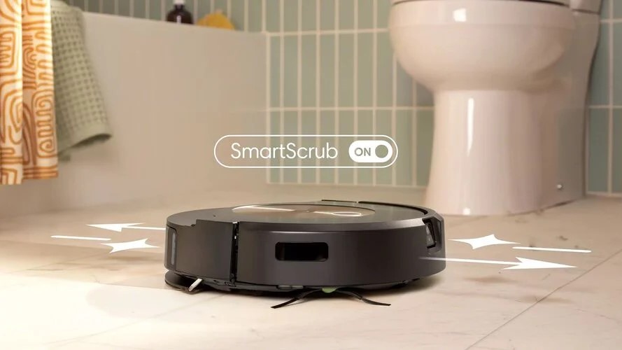 The Roomba Combo J9 Plus smart scrubbing the bathroom