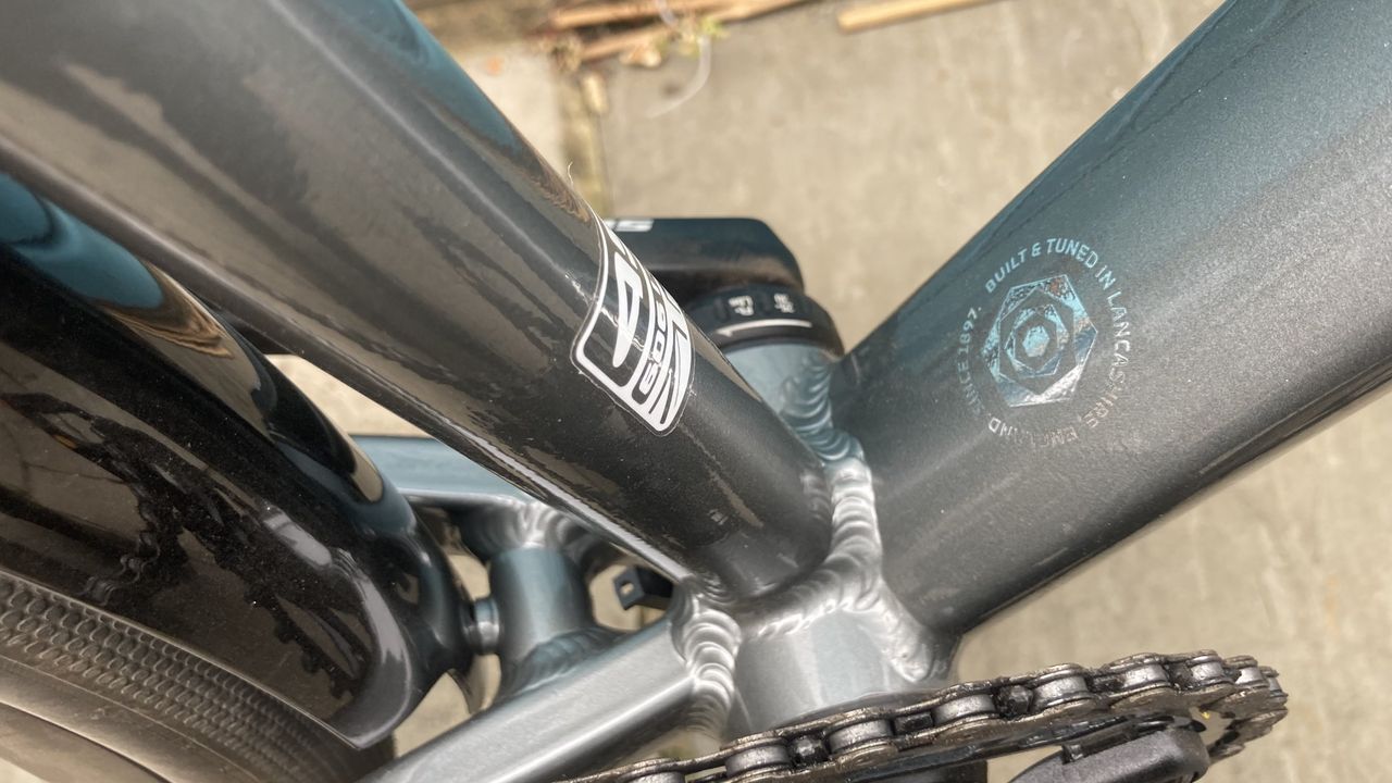 The junction where the seat tube and down tube meet the bottom bracket shell on a Ribble Hybrid AL Trail