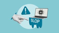 A graphic showing a laptop with an AI chip on the screen and blue liquid leaking out with the word 'SLOP' on it. Around it, a blue warning triangle hovers and a giant hand points at the laptop.
