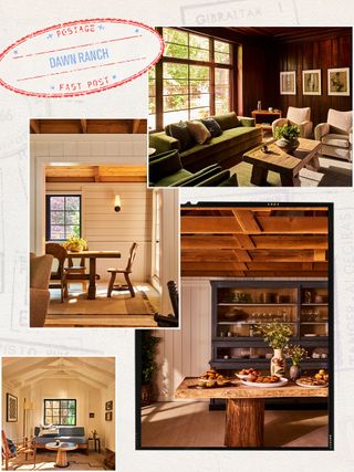 A collage of four images showing the wood-beamed interior of Dawn Ranch hotel.