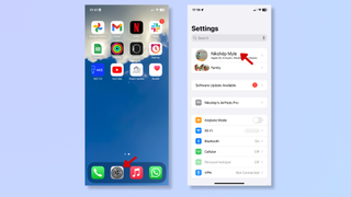 The first screenshot shows the iPhone homepage with a red arrow pointing at Settings. The second screenshot shows the iPhone Settings with a red arrow pointing at the user's name at the top.