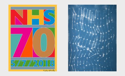 Left, Peter Blake’s poster marking the 70th anniversary of the NHS, and right, springs (blue), 2018, by Mona Hatoum