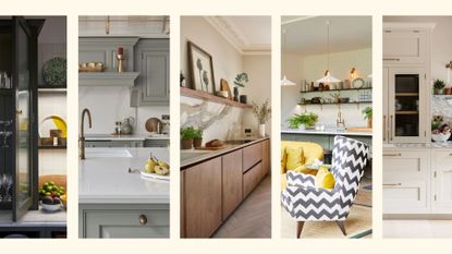 Compilation of kitchen trends 2026 with fluted glass, sage green cabinets and warm wood tones