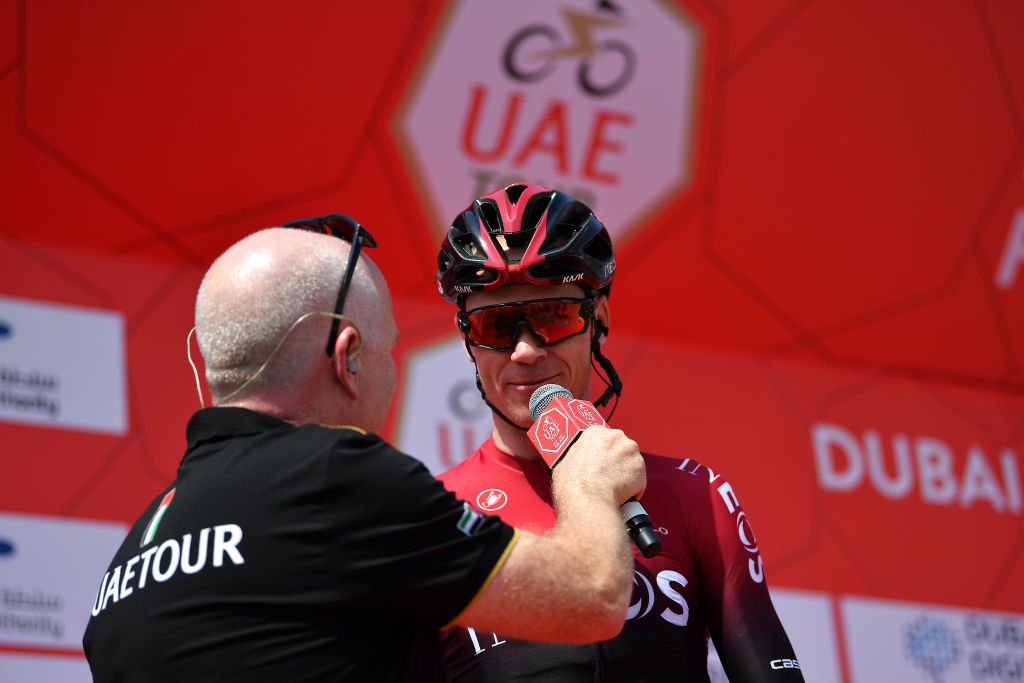 Chris Froome (Team Ineos) speaks at the start