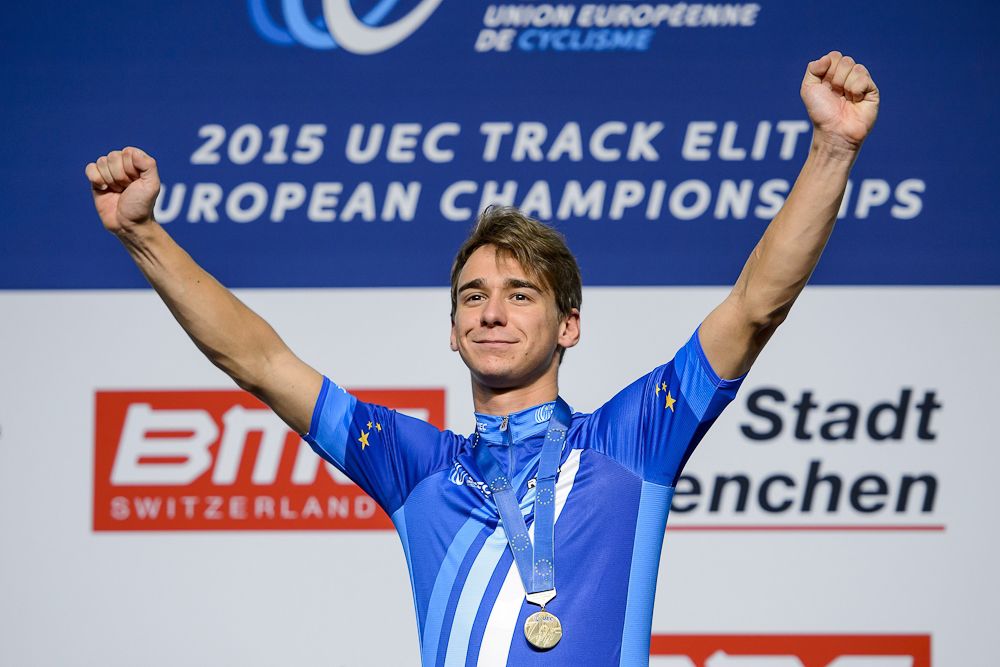 France's Bryan Coquard celebrates with his gold medal during the ceremony of the Men's Elimination Race at the Track Elite European Championships