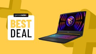 MSI Katana gaming laptop on yellow background with best deal badge