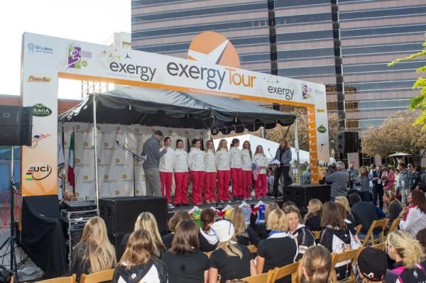 The ESPNW women's team in front of the crowd.