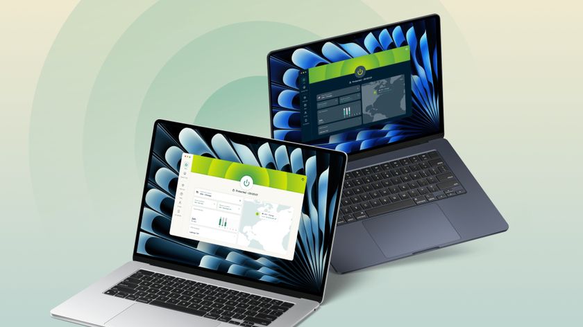 ExpressVPN app shown on two mac laptops on green hued background