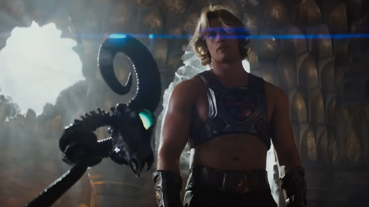 Nicholas Galitzine looking down at Skeletor in Masters of the Universe.