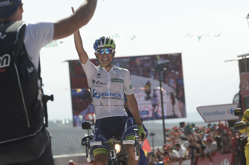 Estaban Chaves celebrates his second stage win of the 2015 Vuelta